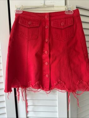 Bright Red Button-Front Distressed Mini Skirt